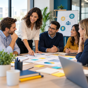 Equipo de trabajo en reunión de desarrollo organizacional y laboral