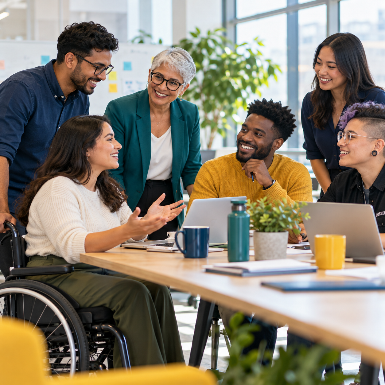 Equipo diverso colaborando en un entorno laboral inclusivo