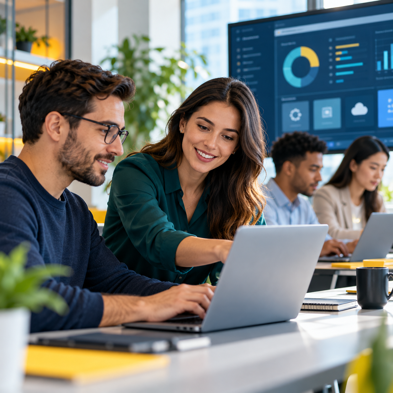Equipo trabajando con herramientas digitales y tecnología